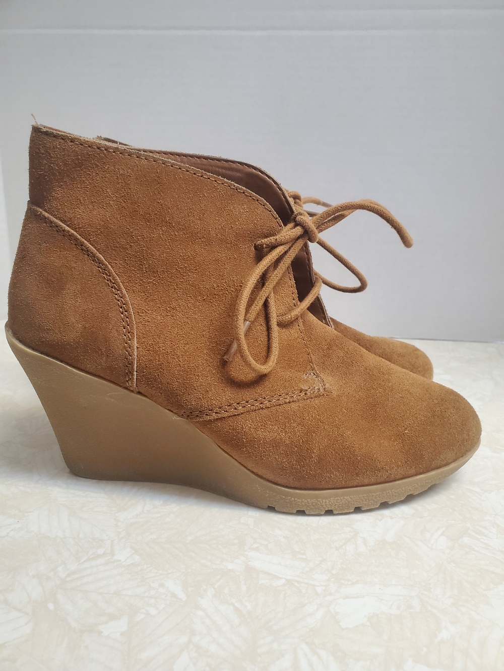 White Mountain Tan Suede Lace-Up Wedge Booties